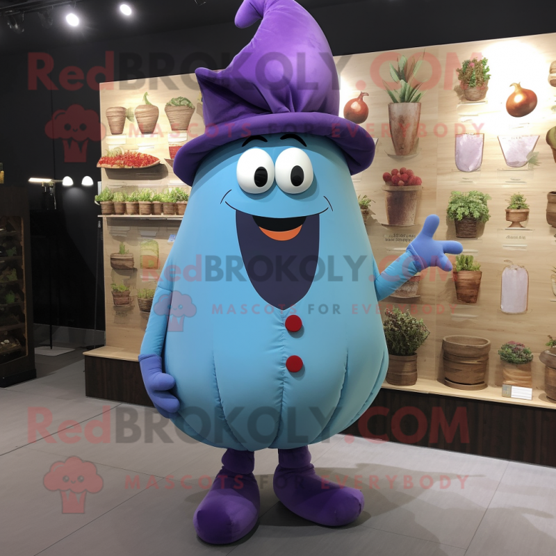 Sky Blue Eggplant mascot costume character dressed with a Waistcoat and Scarf clips Sky Blue Eggplant mascot costume character dressed with a Waistcoat and Scarf clips