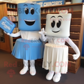 Blue Chocolate Bars mascot costume character dressed with a Wedding Dress and Briefcases