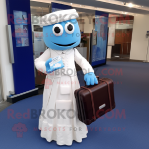 Blue Chocolate Bars mascot costume character dressed with a Wedding Dress and Briefcases