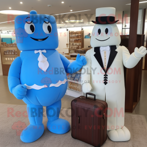Blue Chocolate Bars mascot costume character dressed with a Wedding Dress and Briefcases