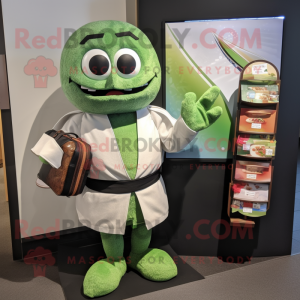 Green Sushi mascot costume character dressed with a Henley Shirt and Briefcases