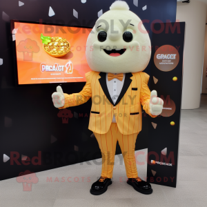 Peach Pop Corn mascot costume character dressed with a Blazer and Digital watches
