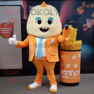 Peach Pop Corn mascot costume character dressed with a Blazer and Digital watches