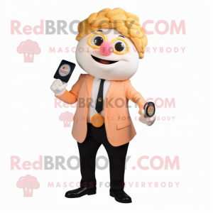 Peach Pop Corn mascot costume character dressed with a Blazer and Digital watches