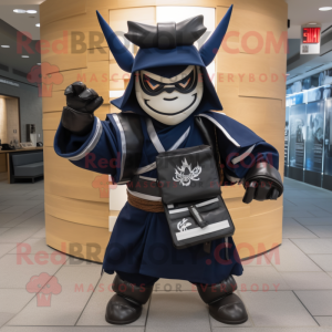 Navy Samurai mascot costume character dressed with a Hoodie and Briefcases