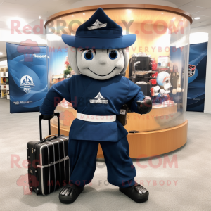 Navy Samurai mascot costume character dressed with a Hoodie and Briefcases