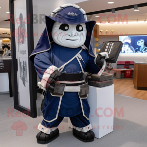 Navy Samurai mascot costume character dressed with a Hoodie and Briefcases