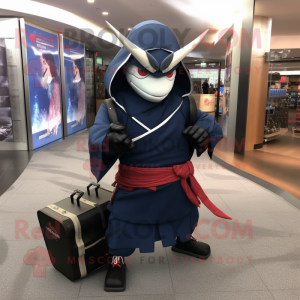 Navy Samurai mascot costume character dressed with a Hoodie and Briefcases
