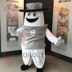 Silver Bbq Ribs mascot costume character dressed with a Dress Pants and Hat pins