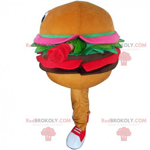 Maskot hamburger, kostým rychlého občerstvení, obří hamburger -