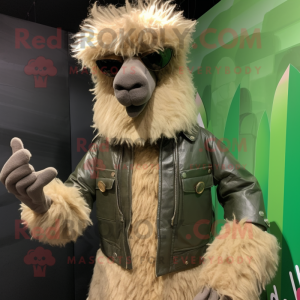 Olive Alpaca mascot costume character dressed with a Leather Jacket and Shawl pins