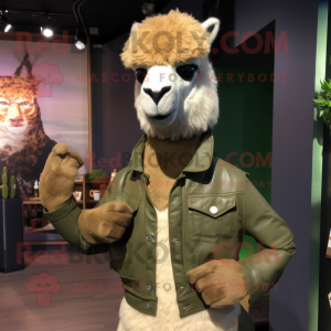Olive Alpaca mascot costume character dressed with a Leather Jacket and Shawl pins