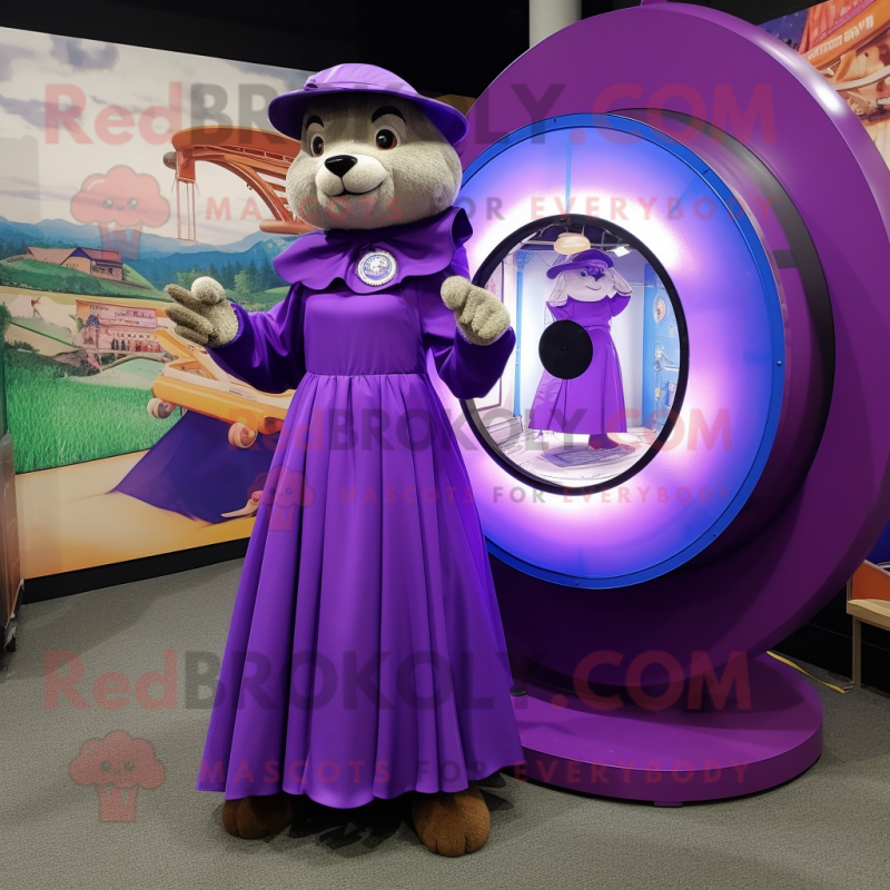 Purple Mongoose mascot costume character dressed with a Circle Skirt and Watches Purple Mongoose mascot costume character dressed with a Circle Skirt and Watches