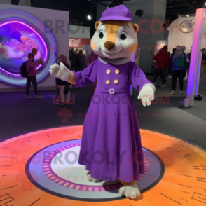 Purple Mongoose mascot costume character dressed with a Circle Skirt and Watches