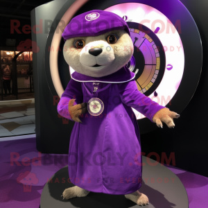 Purple Mongoose mascot costume character dressed with a Circle Skirt and Watches