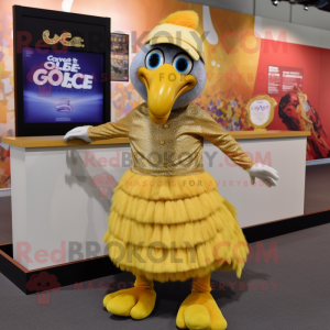 Gold Guinea Fowl mascot costume character dressed with a Maxi Skirt and Caps