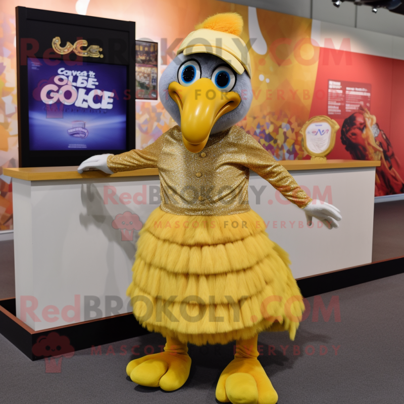 Gold Guinea Fowl mascot costume character dressed with a Maxi Skirt and Caps Gold Guinea Fowl mascot costume character dressed with a Maxi Skirt and Caps