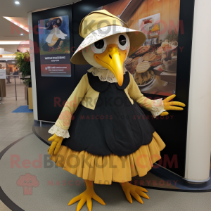 Gold Guinea Fowl mascot costume character dressed with a Maxi Skirt and Caps