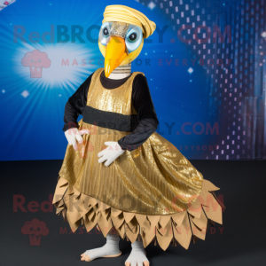 Gold Guinea Fowl mascot costume character dressed with a Maxi Skirt and Caps