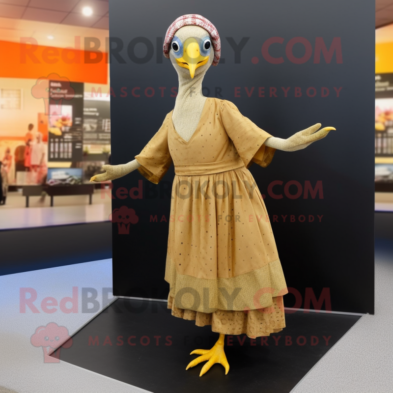 Gold Guinea Fowl mascot costume character dressed with a Maxi Skirt and Caps