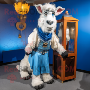 Blue Boer Goat mascot costume character dressed with a Ball Gown and Suspenders