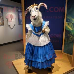 Blue Boer Goat mascot costume character dressed with a Ball Gown and Suspenders