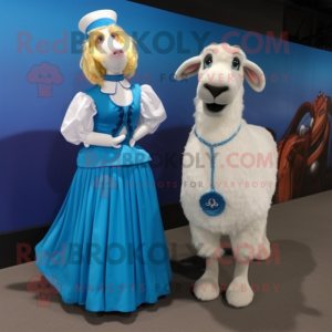 Blue Boer Goat mascot costume character dressed with a Ball Gown and Suspenders