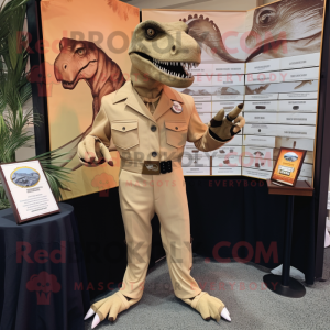 Tan Allosaurus mascot costume character dressed with a Jumpsuit and Lapel pins