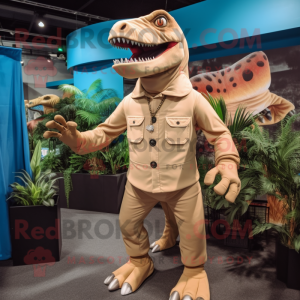 Tan Allosaurus mascot costume character dressed with a Jumpsuit and Lapel pins