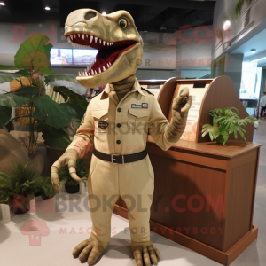 Tan Allosaurus mascot costume character dressed with a Jumpsuit and Lapel pins
