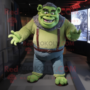 Green Ogre mascot costume character dressed with a Jacket and Suspenders
