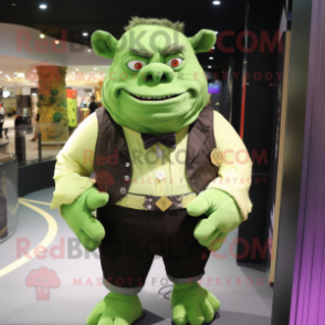 Green Ogre mascot costume character dressed with a Jacket and Suspenders