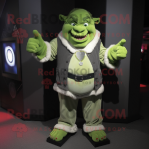 Green Ogre mascot costume character dressed with a Jacket and Suspenders