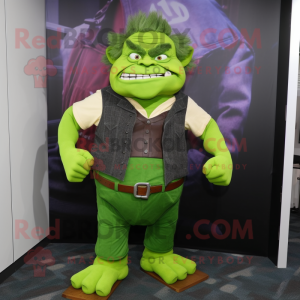 Green Ogre mascot costume character dressed with a Jacket and Suspenders