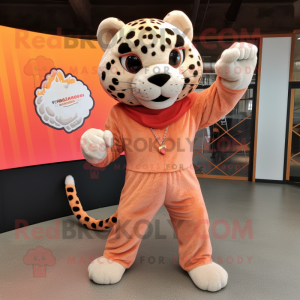 Peach Jaguar mascot costume character dressed with a Jumpsuit and Shawl pins