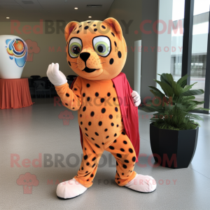 Peach Jaguar mascot costume character dressed with a Jumpsuit and Shawl pins