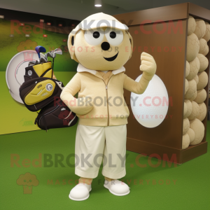 Beige Golf Ball mascot costume character dressed with a Coat and Clutch bags