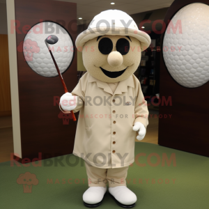 Beige Golf Ball mascot costume character dressed with a Coat and Clutch bags