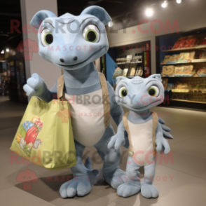 Silver Geckos mascot costume character dressed with a Mom Jeans and Tote bags