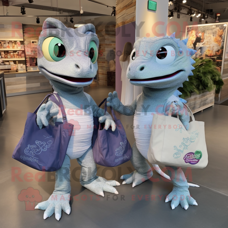 Silver Geckos mascot costume character dressed with a Mom Jeans and Tote bags Silver Geckos mascot costume character dressed with a Mom Jeans and Tote bags