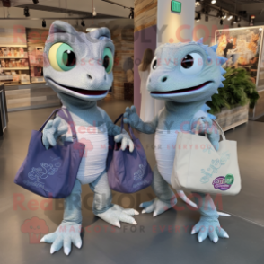 Silver Geckos mascot costume character dressed with a Mom Jeans and Tote bags