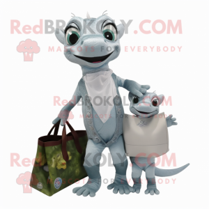 Silver Geckos mascot costume character dressed with a Mom Jeans and Tote bags