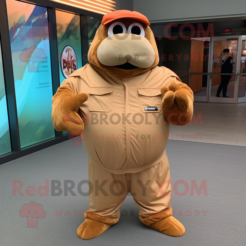 Tan Walrus mascot costume character dressed with a Jumpsuit and Belts Tan Walrus mascot costume character dressed with a Jumpsuit and Belts