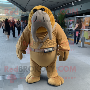 Tan Walrus mascot costume character dressed with a Jumpsuit and Belts