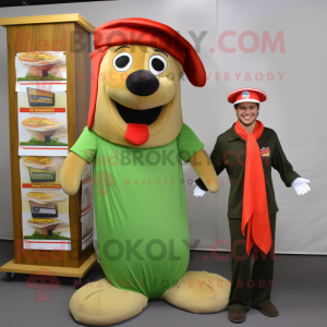 Olive Hot Dogs mascot costume character dressed with a Dress Shirt and Beanies