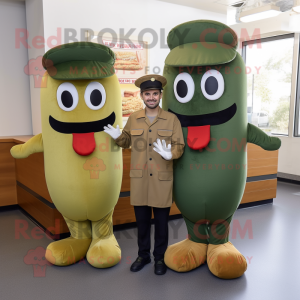 Olive Hot Dogs mascot costume character dressed with a Dress Shirt and Beanies