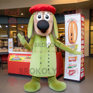 Olive Hot Dogs mascot costume character dressed with a Dress Shirt and Beanies