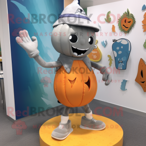 Gray Pumpkin mascot costume character dressed with a Board Shorts and Foot pads