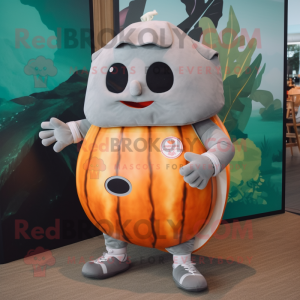 Gray Pumpkin mascot costume character dressed with a Board Shorts and Foot pads