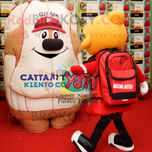 Tan Bottle Of Ketchup mascot costume character dressed with a Capri Pants and Backpacks